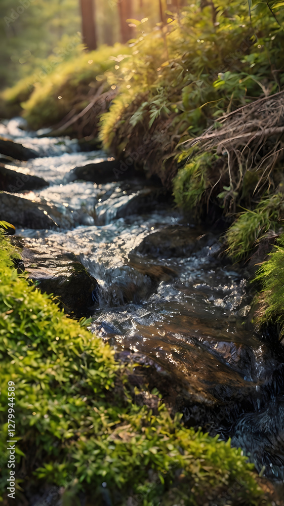 Serene Stream in Sunlight: A captivating close-up showcases a crystal-clear stream meandering through a vibrant, moss-covered landscape, kissed by the golden rays of sunlight. Serene Stream in Sunlight: A captivating close-up showcases a crystal-clear stream meandering through a vibrant, moss-covered landscape, kissed by the golden rays of sunlight.