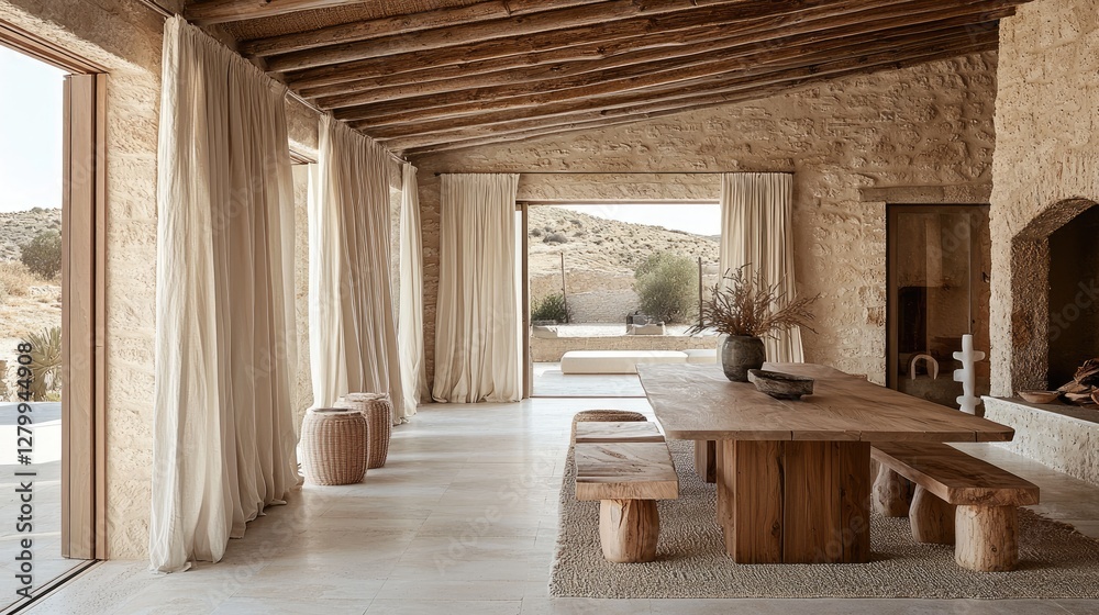 Obraz premium Elegant modern home with curtain-lined dining space, warm-toned wooden roof, and a simple yet stylish table.