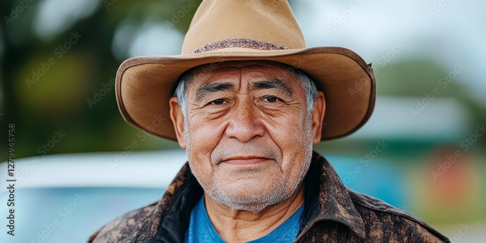 Fototapeta premium Portrait Of A Calm Senior Man Wearing A Brown Cowboy Hat Outdoors