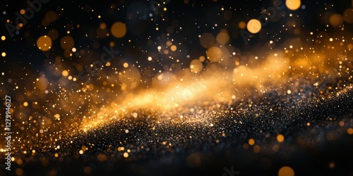 Sparkling Golden Glow in Dark Background with Blurry Lights and Glittering Particles Creating a Magical Atmosphere for Abstract Designs and Backgrounds