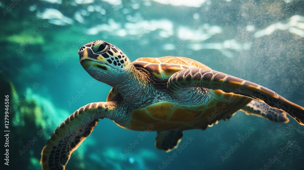 Obraz premium Sea Turtle Swimming Underwater in Teal Ocean