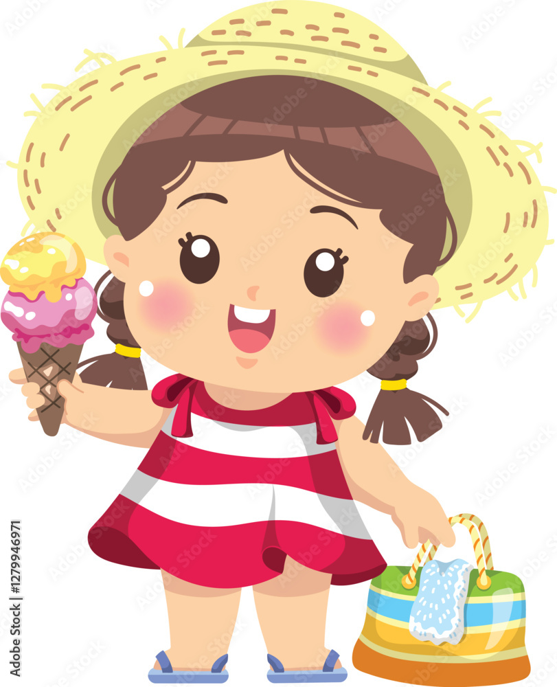 cartoon girl wearing red white striped dress and eating ice cream cartoon girl wearing red white striped dress and eating ice cream