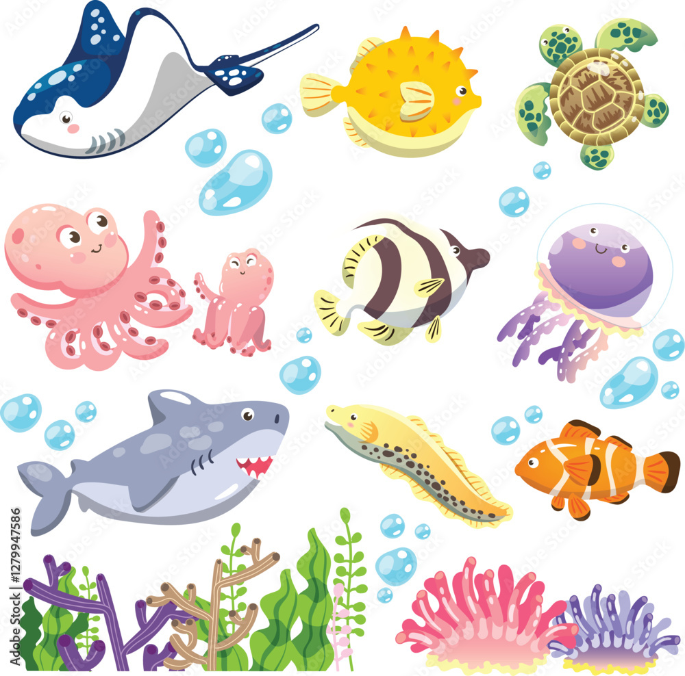 Fototapeta premium set of cartoon ocean animals illustration isolate white background
