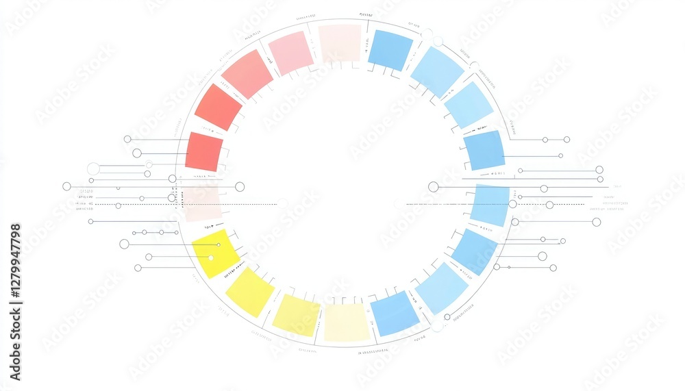 A circular color wheel featuring a gradient of colors, including red, blue, and yellow, with accompanying data lines for analysis or design. A circular color wheel featuring a gradient of colors, including red, blue, and yellow, with accompanying data lines for analysis or design.