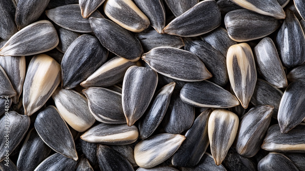 Many Sunflower Seeds Scattered Across a White and Black Background Many Sunflower Seeds Scattered Across a White and Black Background