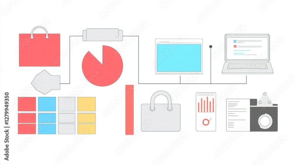 Fototapeta premium A minimalist illustration featuring business icons like laptops, charts, bags, and data elements, representing modern work and analytics.