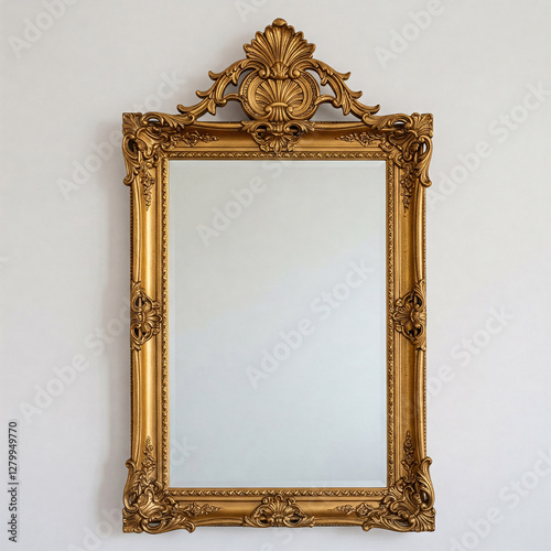 Golden picture frame on a white wall in the interior of the room front view