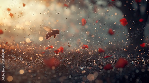 High-resolution close-up of a bee mid-flight, hovering near a bloom, soft blurred background for copy space. photo