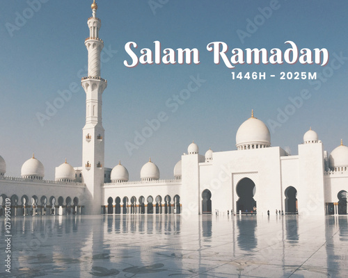 Photography Salam Ramadan with White Mosque Backgound.