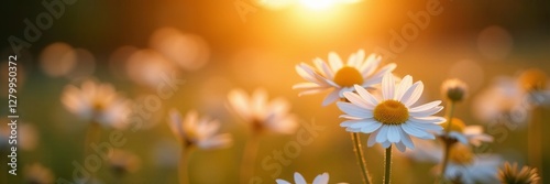 Soft chamomile flowers glowing in the warm sunset light, soft, warm, glow