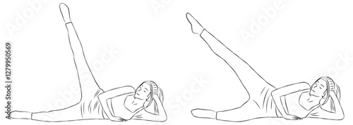Vector poses of Pilates : Side Lying Leg Lift. Woman Outline Illustration in Line Art Style. Pilates and Yoga Exercise.