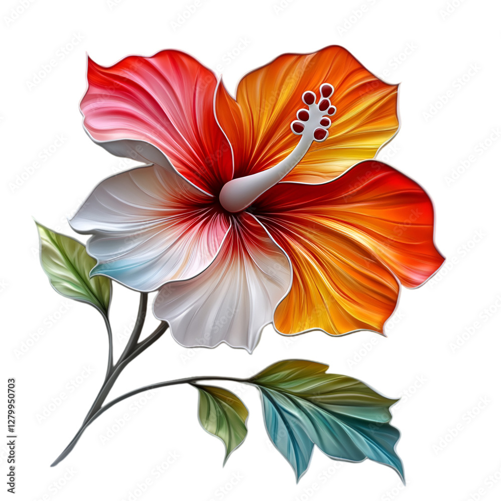 Obraz premium Collection of colored hibiscus with leaves isolated on white background 
