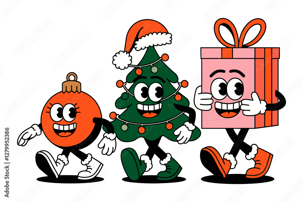 Three cartoon retro characters for Christmas, gift, tree, ball, vector groovy illustration Three cartoon retro characters for Christmas, gift, tree, ball, vector groovy illustration