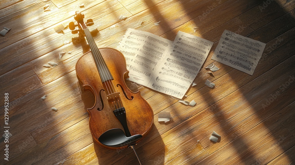 Naklejka premium Sunlit violin and sheet music on wooden floor.