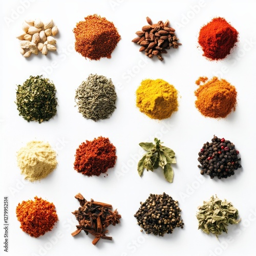 Vibrant assortment of colorful spices arranged neatly on white background photo