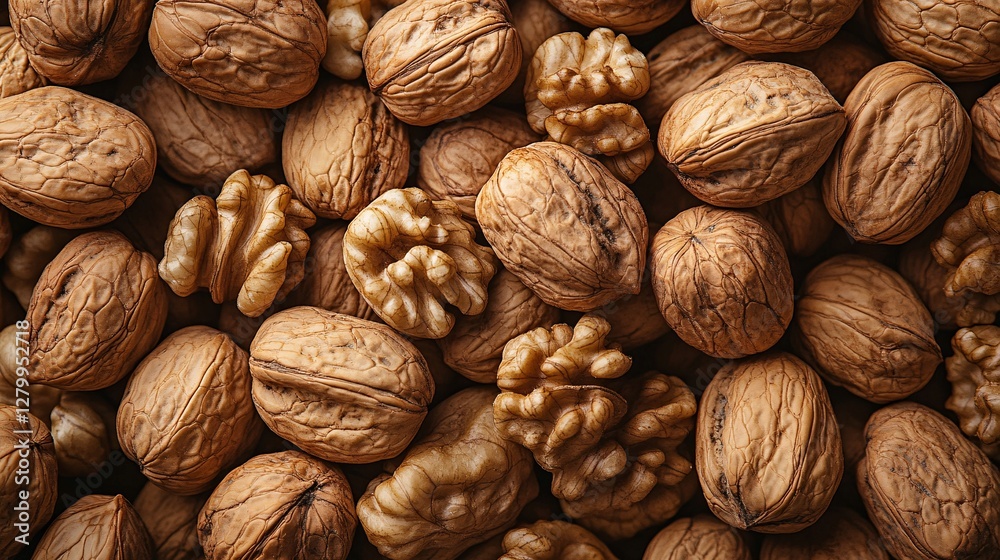 An overhead view of a collection of walnuts in detail An overhead view of a collection of walnuts in detail