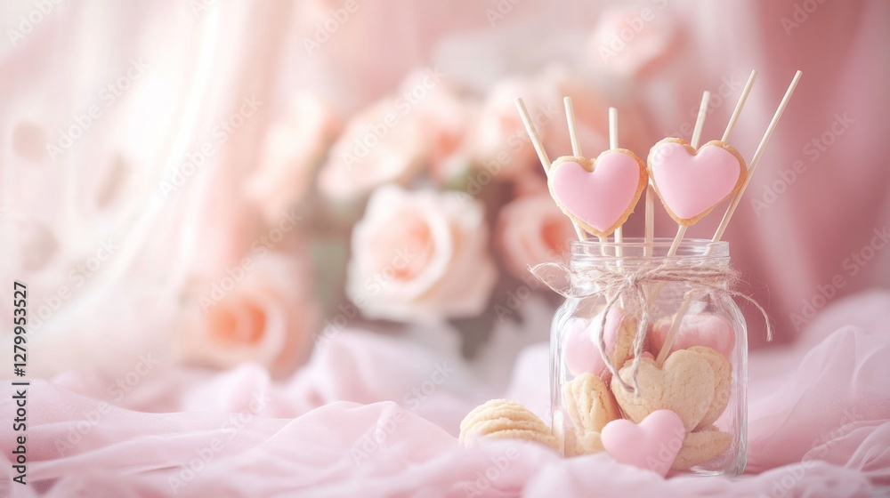 Heart-Shaped Treats in Jar Against Soft Pink Floral Background Heart-Shaped Treats in Jar Against Soft Pink Floral Background