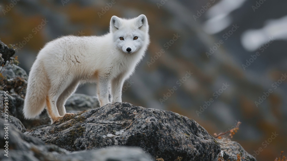 White Arctic Fox Standing on Rocks in Mountainous Landscape White Arctic Fox Standing on Rocks in Mountainous Landscape