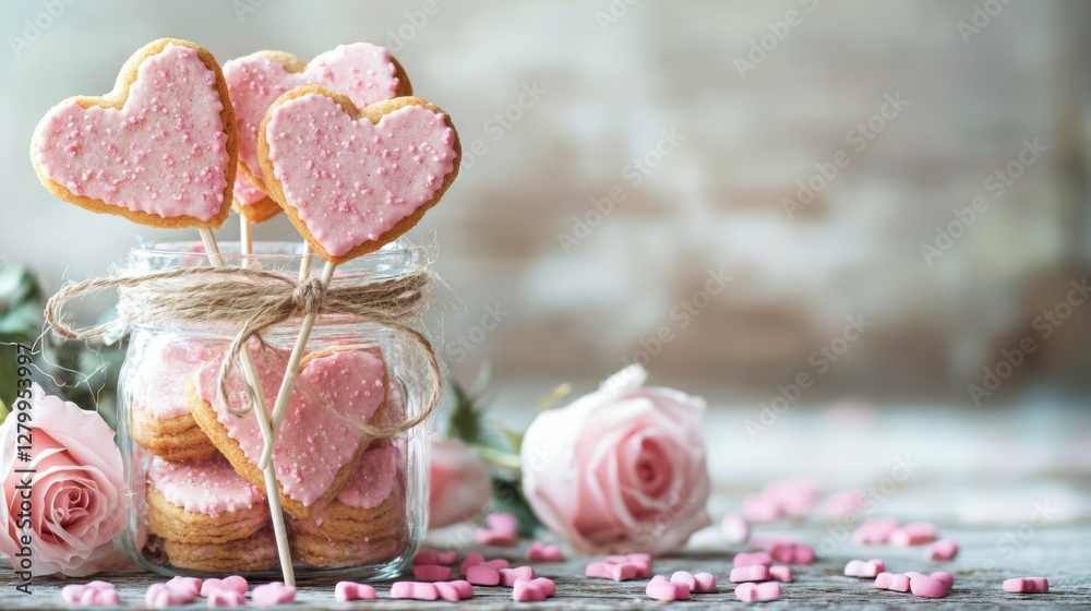 Heart-shaped Cookies with Pink Icing and Fresh Roses on Table Heart-shaped Cookies with Pink Icing and Fresh Roses on Table