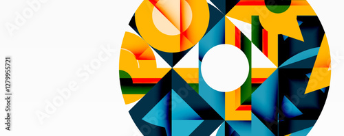 Abstract geometric artwork with interwoven angular and curved shapes, dynamic composition with smooth gradients and bold contrasts