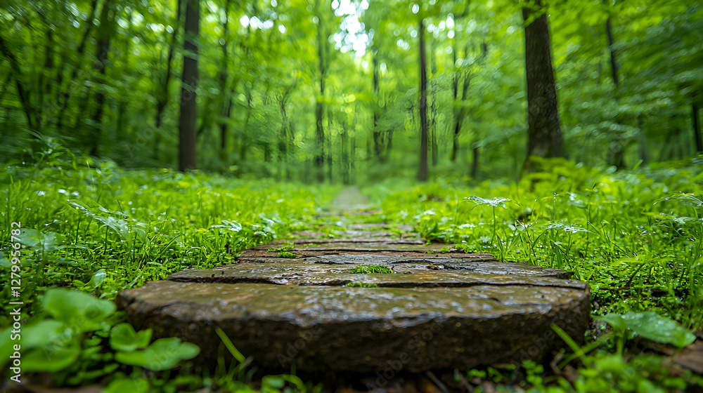 Fototapeta premium Stone path through lush green forest, nature walk