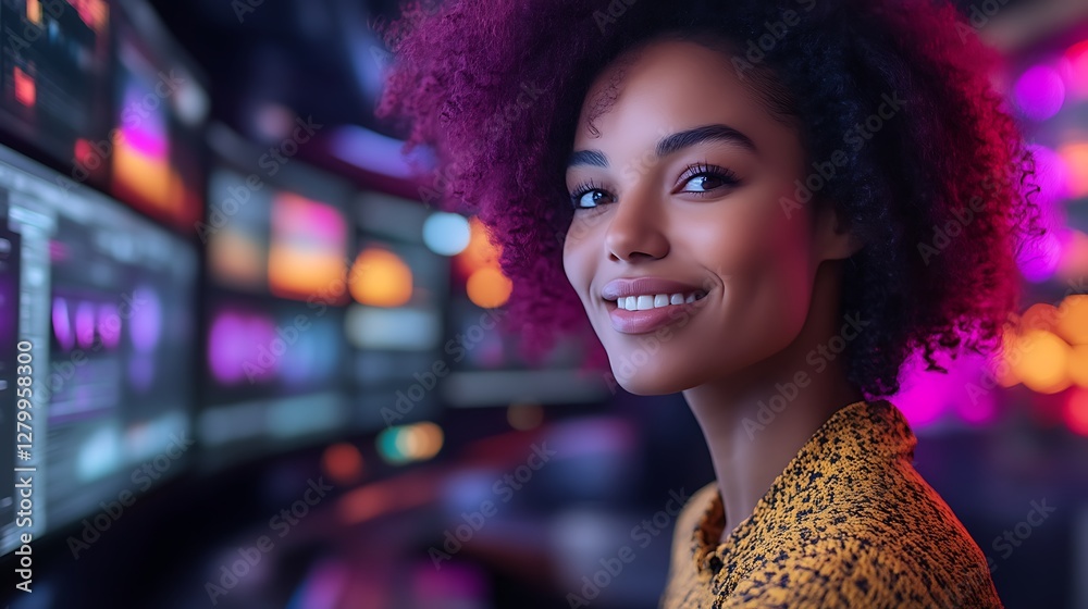 Smiling woman at glowing monitor wall, night Smiling woman at glowing monitor wall, night