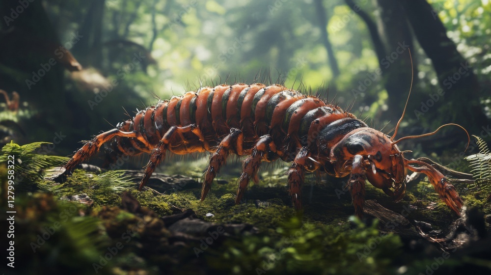 Red And Orange Segmented Insect Crawling On Moss In Lush Forest Red And Orange Segmented Insect Crawling On Moss In Lush Forest