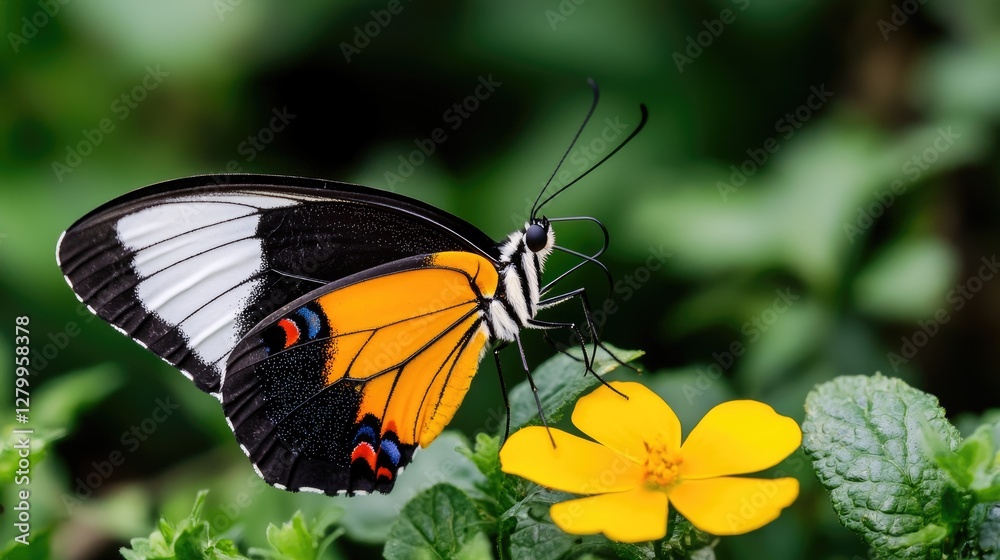 Beautiful butterfly on a yellow flower, vibrant colors, nature scene, perfect for backgrounds, prints, or advertising Beautiful butterfly on a yellow flower, vibrant colors, nature scene, perfect for backgrounds, prints, or advertising