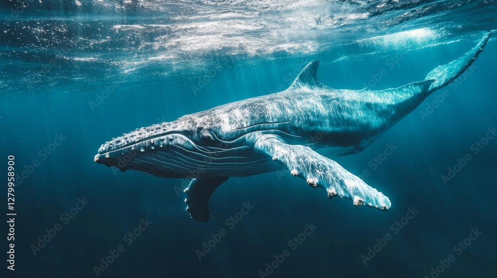 Humpback Whale Underwater in Blue Ocean Humpback Whale Underwater in Blue Ocean