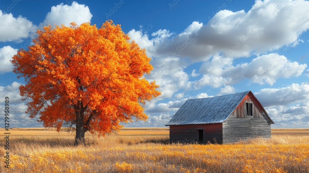 Autumnal Prairie Barn, Vibrant Tree, Cloudy Sky Autumnal Prairie Barn, Vibrant Tree, Cloudy Sky
