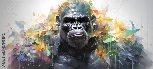 Kingkong with glittercore skin and filigree transparent metallic rainbow leaf, ai generative