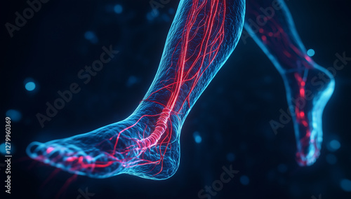 Depiction of Human Leg's Blood Vessels in Red Against a Dark Blue Background