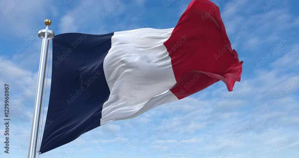 France flag with flagpole waving in wind, rolling clouds background looping, 4K video (Perfect Loop)