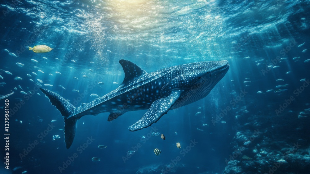 Fototapeta premium Whale Shark Underwater in a Blue Ocean with Sunlight Rays