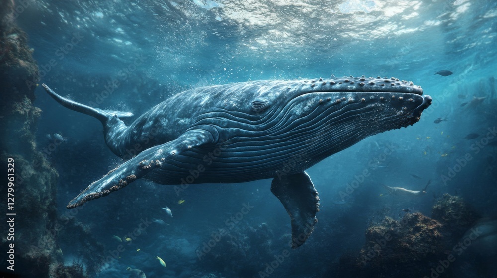 Fototapeta premium Pixelated Whale in Deep Blue Ocean