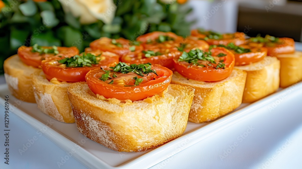 Roasted Tomato and Herb Bruschetta on White Plate Roasted Tomato and Herb Bruschetta on White Plate
