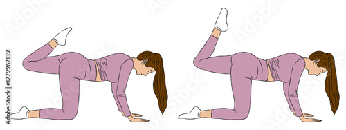 Glute kick back pose, Woman vector illustration, yoga and pilates exercise.
