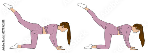 Shoulder bridge with glute kick back pose, yoga and pilates exercise, Woman vector illustration.