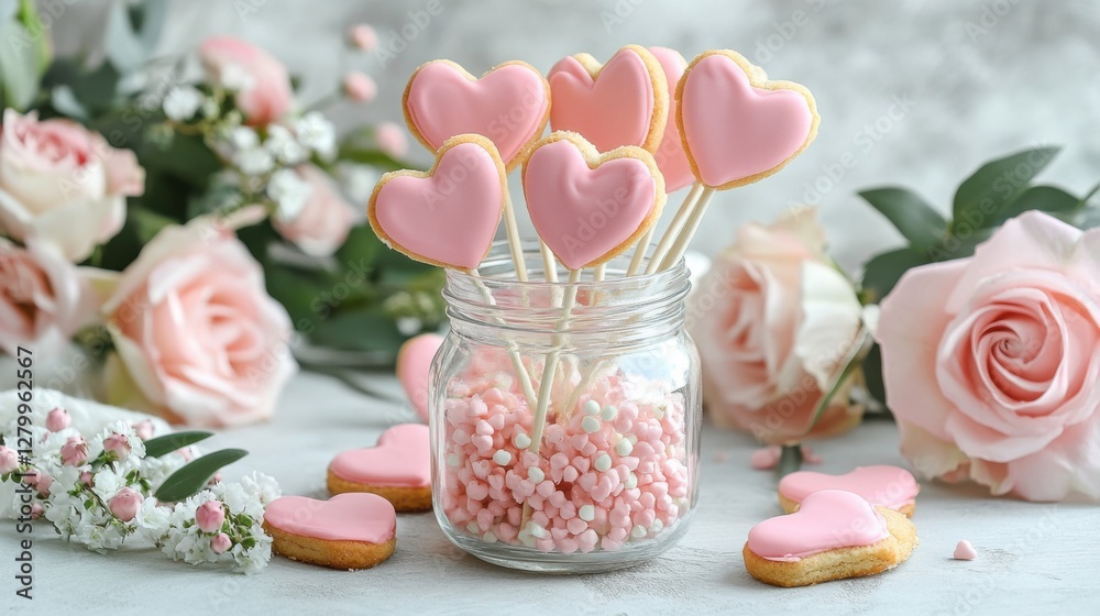 Heart-Shaped Cookies in Jar Surrounded by Pink Flowers and Decor Heart-Shaped Cookies in Jar Surrounded by Pink Flowers and Decor