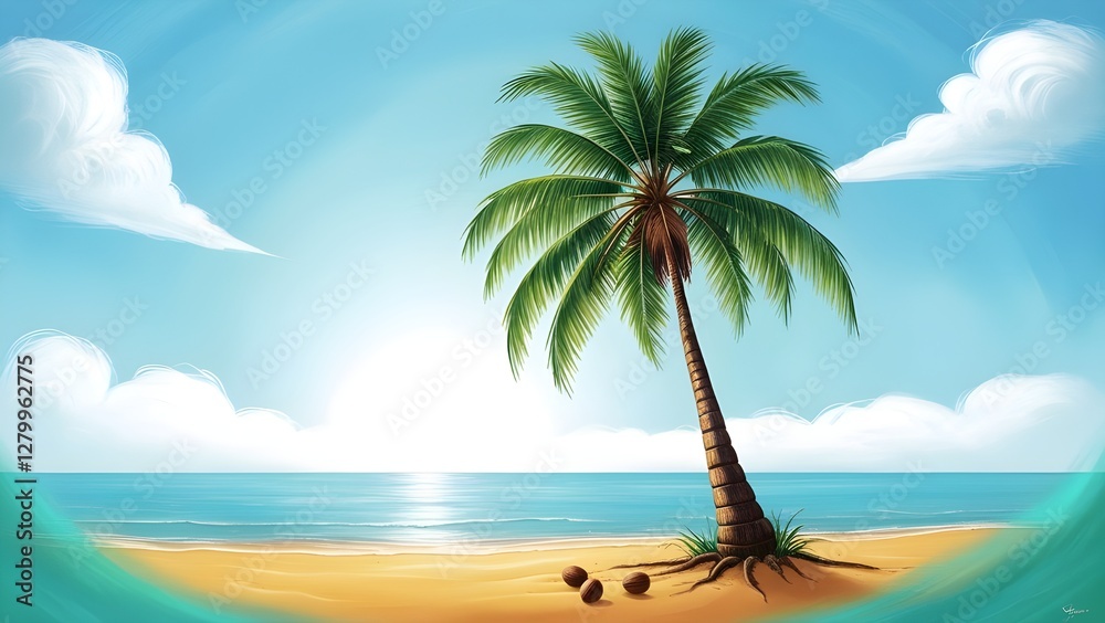 Fototapeta premium A serene and vibrant depiction of a solitary coconut tree standing tall on a sun-kissed beach, its slender trunk adorned with scattered fronds and a majestic crown of lush green leaves, set against a