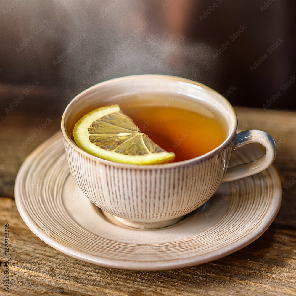 A close-up of a steaming cup of herbal tea with a lemon slice on the rim A close-up of a steaming cup of herbal tea with a lemon slice on the rim