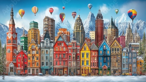 Whimsical winter cityscape with colorful houses and hot air balloons in a fantasy urban landscape against majestic snow-capped mountains