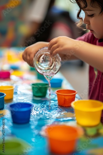 A preschooler carefully pours water into small cups during a sensory play activity