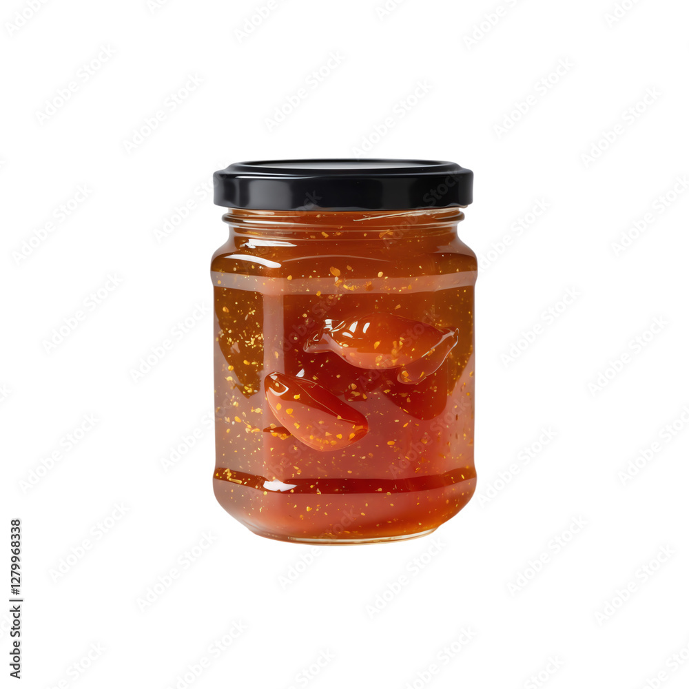Jar of Rich Marmalade Jam with Fruity Pieces and Golden Shine. Jar of Rich Marmalade Jam with Fruity Pieces and Golden Shine.