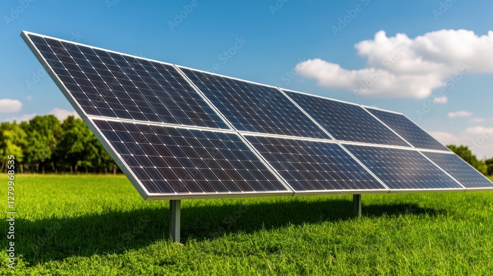 A solar panel array stands on green grass under a clear blue sky, showcasing renewable energy technology in a vibrant outdoor setting. A solar panel array stands on green grass under a clear blue sky, showcasing renewable energy technology in a vibrant outdoor setting.