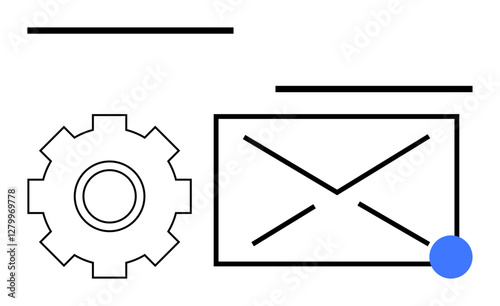 Gear symbol next to an envelope icon with a notification dot, representing email preferences and updates. Ideal for tech, notifications, communication, automation, email, settings, abstract line flat