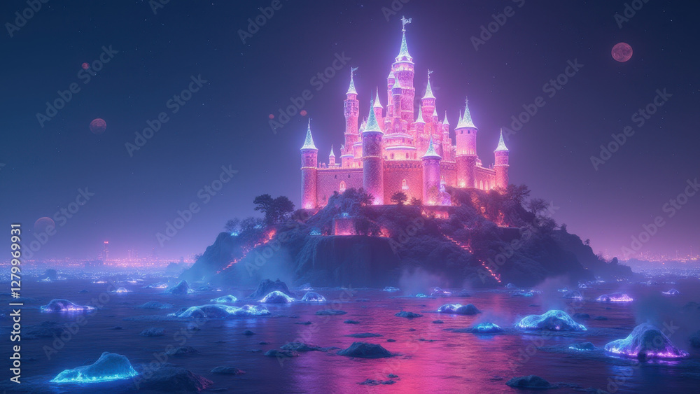 Naklejka premium Enchanting Neon Castle, Fantasy Island - Synthwave