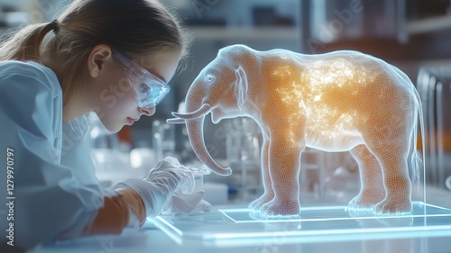 Young scientist examining glowing holographic elephant model in futuristic laboratory for wildlife research and education.