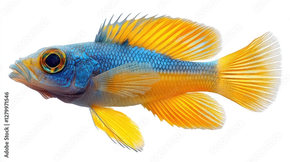 Fototapeta premium Blue-gold fish swimming, isolated white background, aquarium use