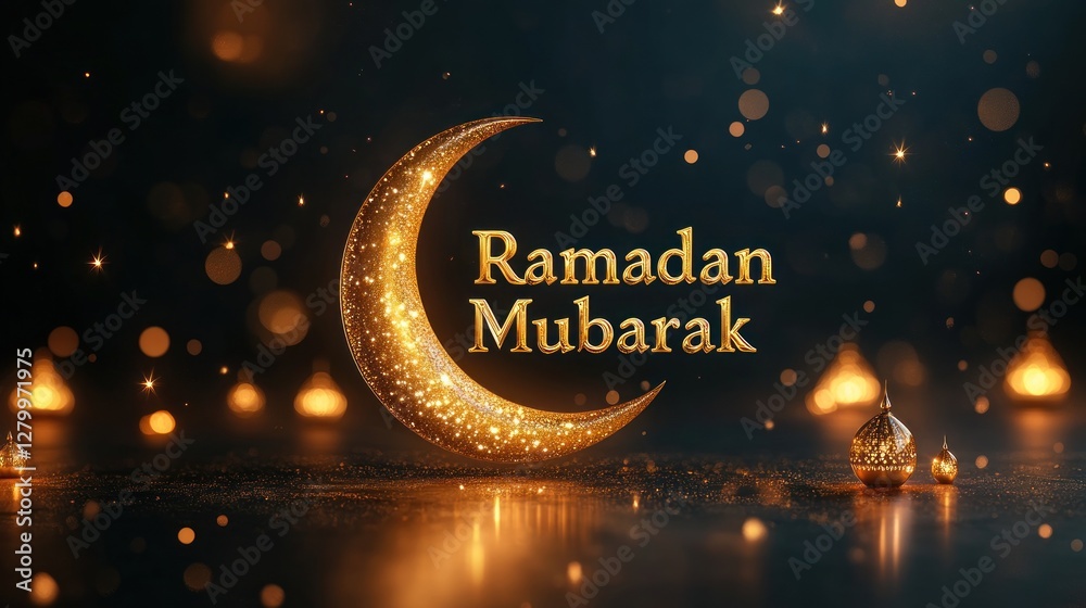 Fototapeta premium Ramadan Mubarak greeting card featuring crescent moon and lanterns.